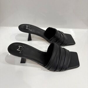Marc Fisher Black Kitten Heel Slide Sandals 8M Ruched Strap Square Toe